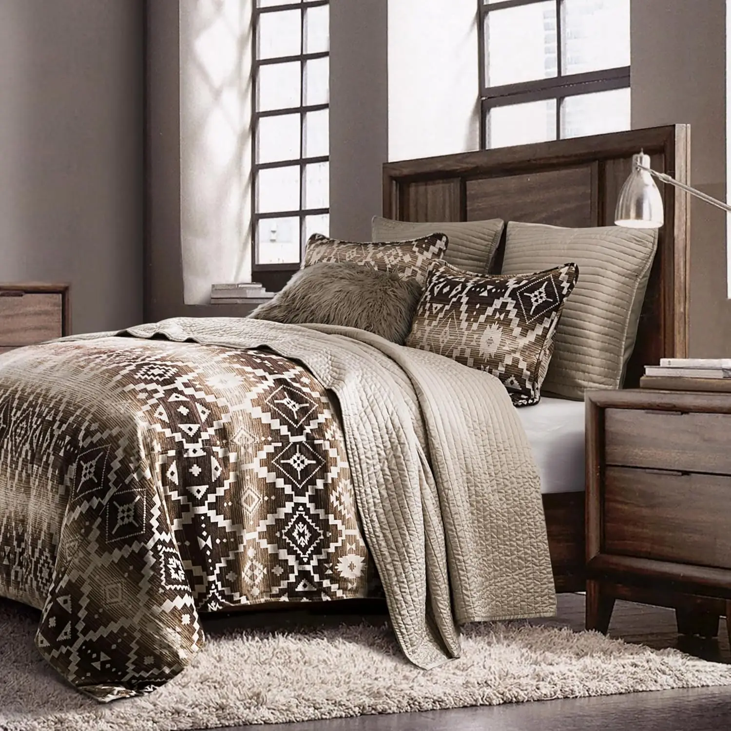 Paseo Road By Hiend Accents Chalet Western Bedding 3 Piece King Size Duvet Cover Set, Cream Brown Aztec Pattern Southwestern