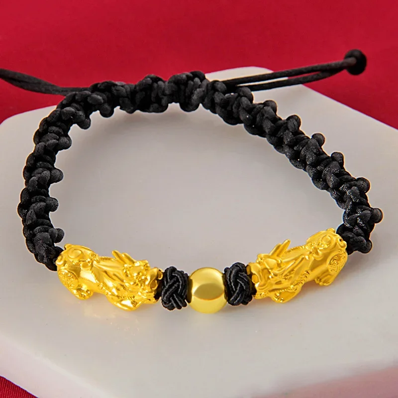 9999 24K Real Gold Pixiu Zodiac Year Transfer Bead Double Pixiu Hand Rope Hand Woven Men's and Women's Gold Lucky Bracelet