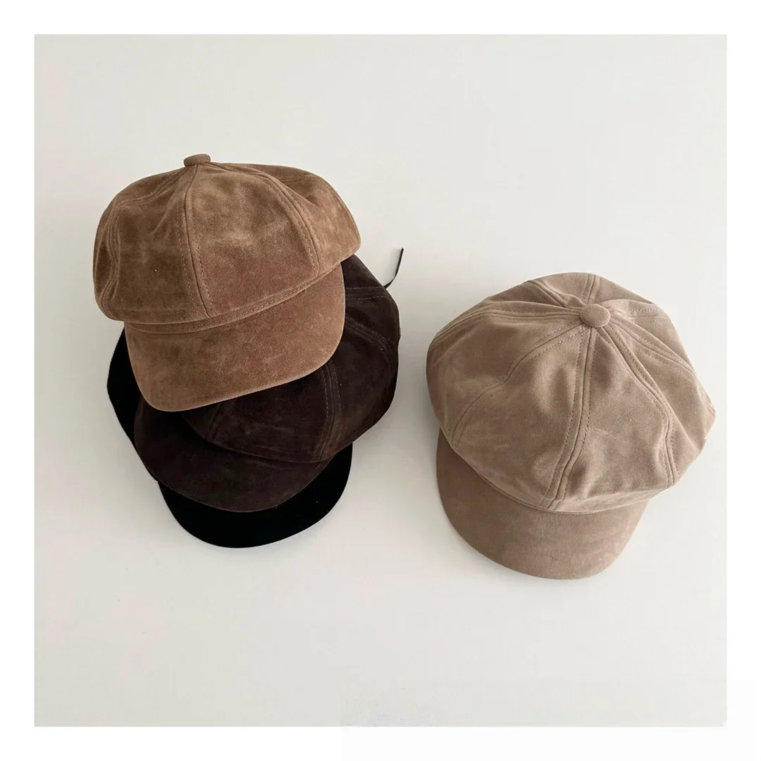 

Retro Kids Octagonal Beret Boys Girls Japanese Style Short Brim Suede Newsboy Cap Children Fashion Warm Autumn Winter Hat