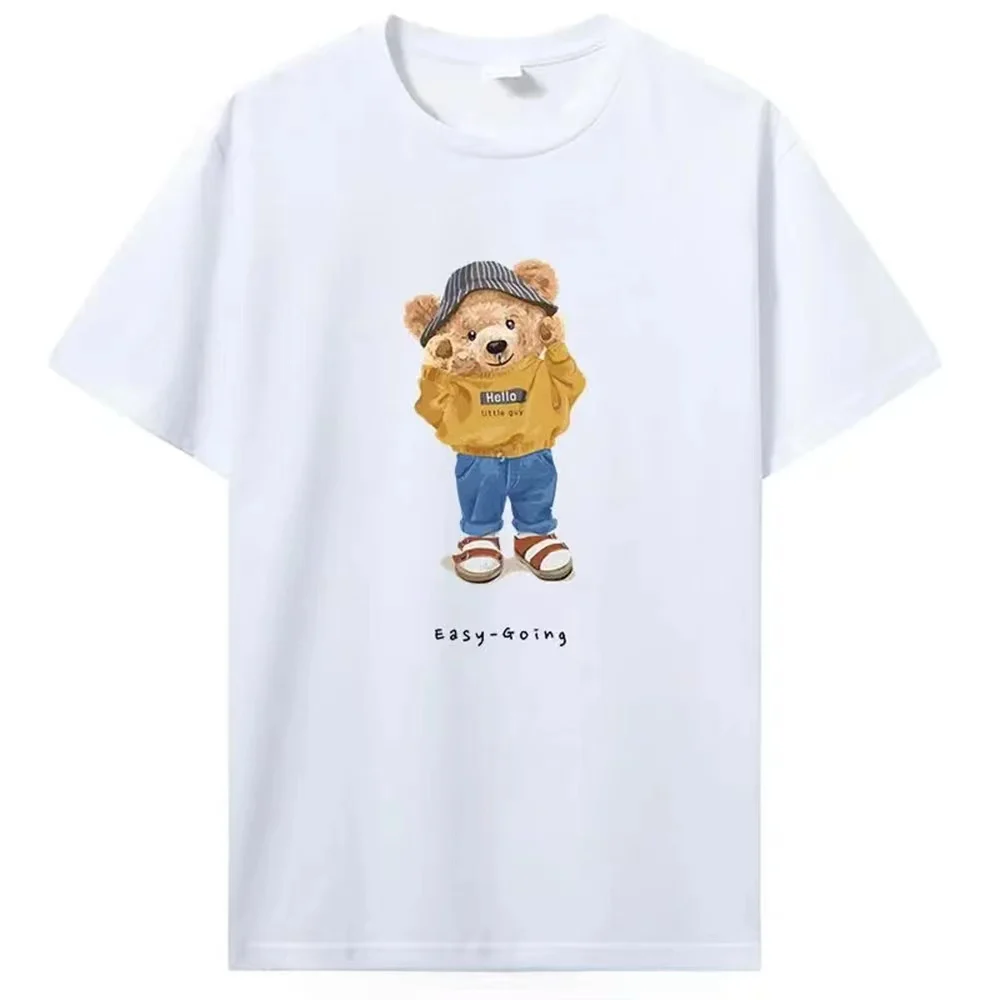 Printed bear fashion casual men\'s summer 100% cotton T-shirt short sleeve top loose crew neck bottom shirt fashion casual solid