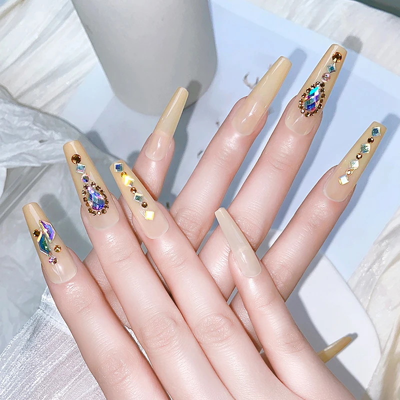 PINPAI Finished Design Handmade Press On Nails Decoration Rhinestones Long Coffin Fake Nails Ballerina Artificial False Nail Tip