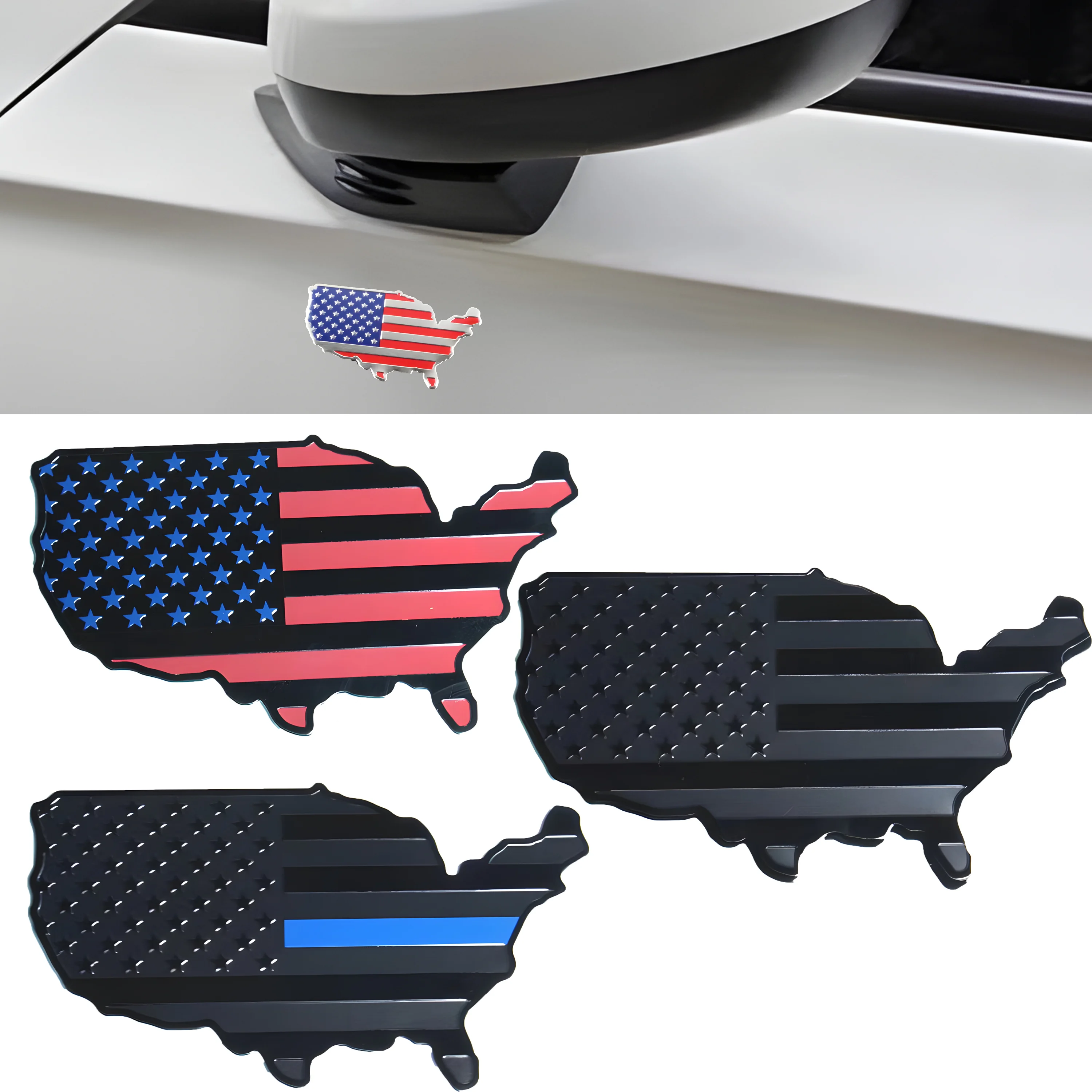 2pc Aluminum USA Flag Emblem Badge Logo Car Sticker American Map Waterproof Decal for Car Body Window Motorcycle Home Decoration