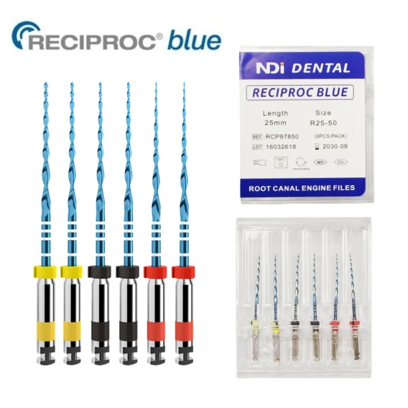 

NDI 6Pcs Dental Reciproc Blue Endodontic Files Engine Use 21mm 25mm 31mm Heat Activation Niti Rotary Root Canal Files