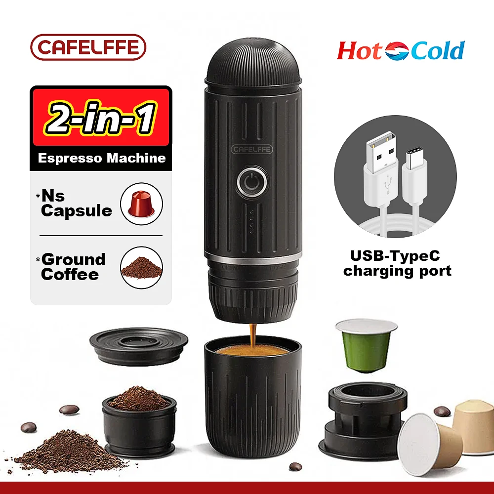 Cafelffe Portable Coffee Machine Wireless Electric Espresso Maker Fit Nespresso Capsule & Coffee Powder French Press Pot for Car