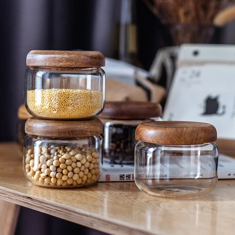 Barattolo per la conservazione degli alimenti con coperchio in legno lattine sigillate trasparenti contenitore in vetro chicchi di caffè noci