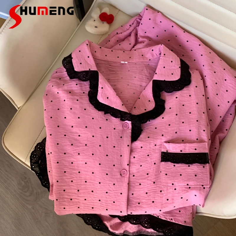 

Lace Embroidered Cotton Women's Homewear Set Spring Autumn High End Pajamas Female Japanese Polka Dot Print Loungewear