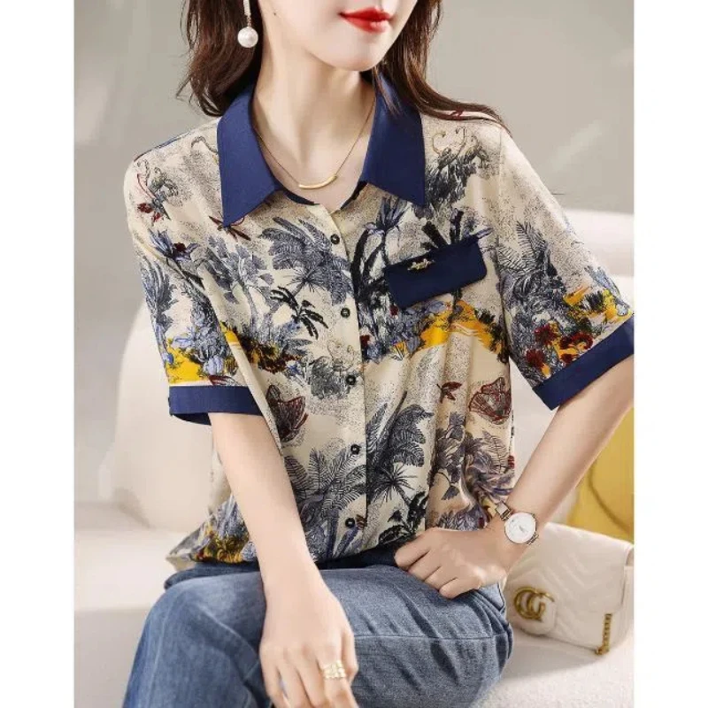 Plant&Flowers Cartoon Printing Women\'s Clothing Cardigan Short Sleeve Turn-down Collar Summer Button Up T-shirt Casual Tops