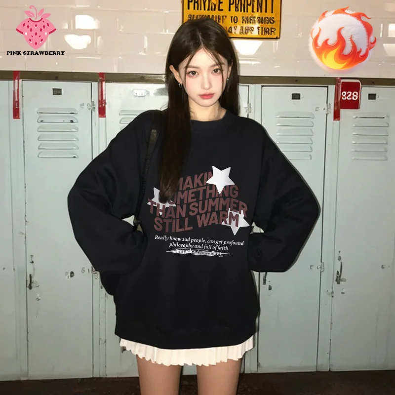 

Black Letter Print Hoodie Women Autumn Winter 2025 New Oversize Casual Pullover O-Neck Y2K Top Plush Sweatshirt Female clothing