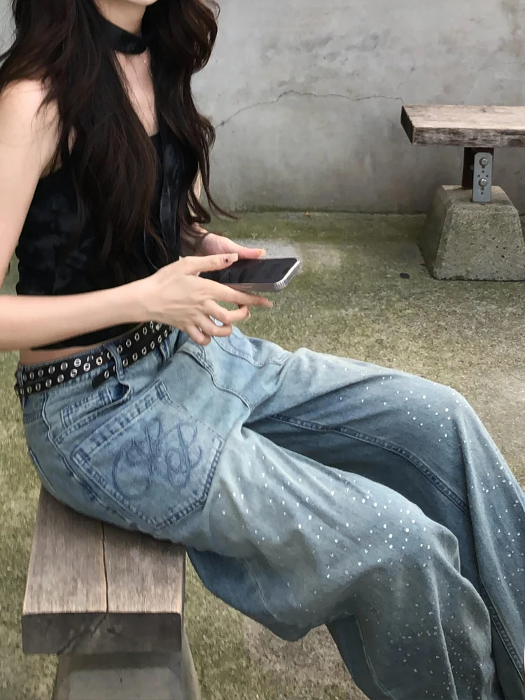 Celana Jeans Wanita American Heavy Du Star Rhinestone Musim Panas Longgar CleanFit Serbaguna Model Kaki Lebar Panjang Menyentuh Lantai Trendi