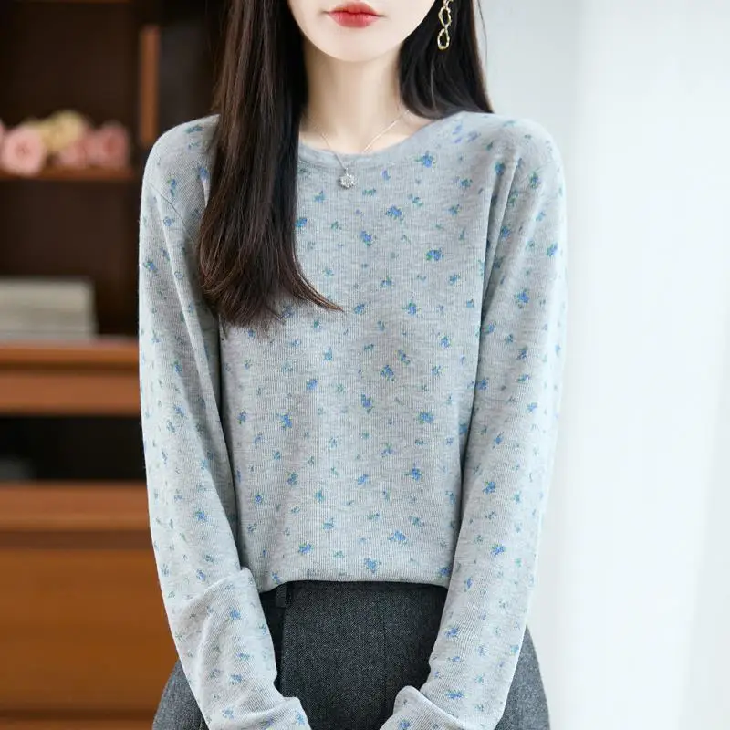 

Sweet Floral Long Sve Knitted Top Women's Autumn Winter Korean Sle Vintage Base Layer irt Inner Slimming Top Spring