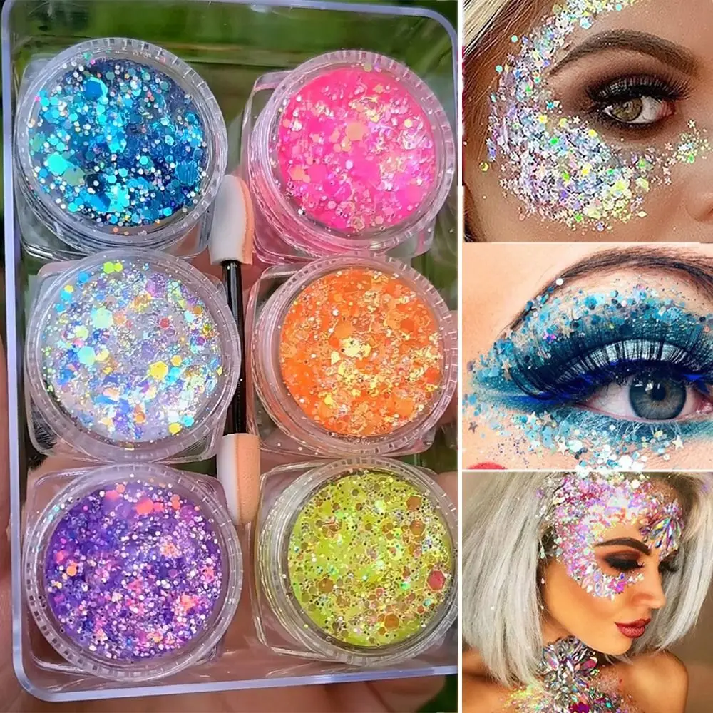 6 tarros/juego de sombra de ojos colorida a la moda, Gel brillante para escenario, cara, pelo, cuerpo, uñas, Gel brillante, No requiere pegamento, maquillaje para Festival