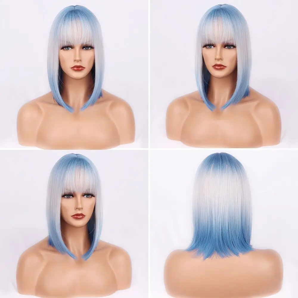 Wig sintetis gradien biru kepala BoBo 12 inci wanita