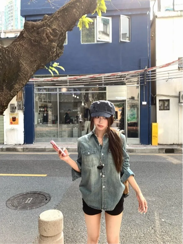 

Retro Washed Thin Denim Shirt Women's Spring 2026 New Loose Outerwear Versatile Design Sense Top Ins Korean Style Commute