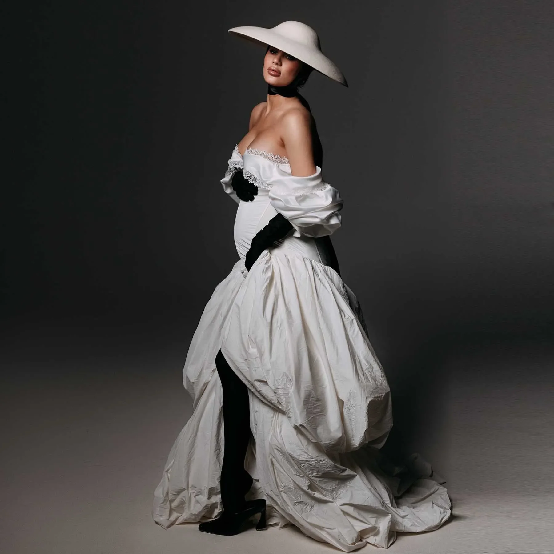 화려한 태피터 임부복 드레스 사진 촬영용 오프숄더 레이스 볼륨 맥시 가운 소매 레이스 레이어드 베이비 샤워 드레스 임산부용