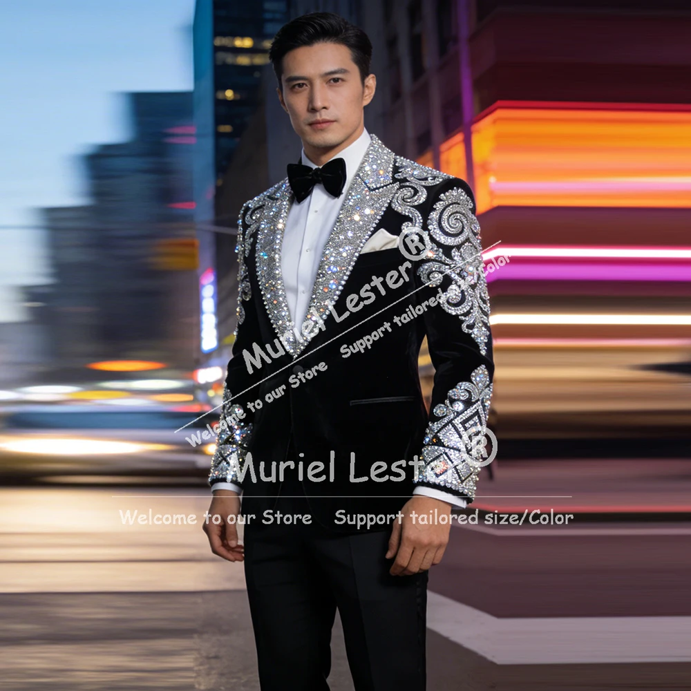 

Роскошный мужской костюм с вышивкой стразами, однобортный, для жениха, на заказ, для банкетов, комплект из 2 предметов, модный мужской смокинг