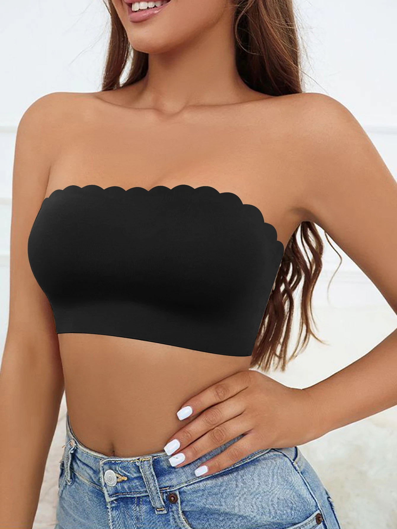 Women\'s Half Cup Ultra Thin Silicone Non-slip Underwear Seamless Strapless Wave Edge Tube Top Bra Off-the-shoulder Dress Linger