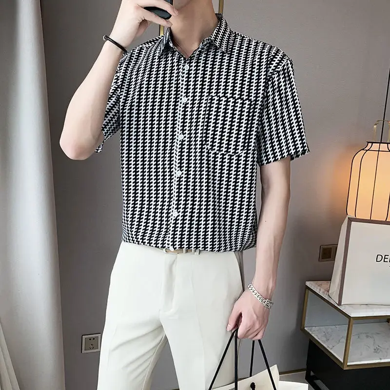 Business Casual Striped Printed Shirts Men's Clothing Turn-down Collar Summer Fashion Pockets Spliced Loose Short Sleeve Shirts