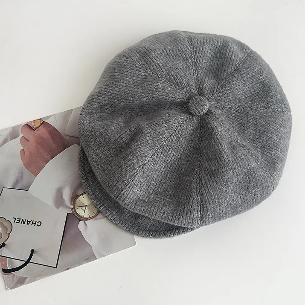 

Simple Solid Color Japanese Retro Berets Knitted Windproof Baseball Caps Warm Autumn Winter Cap Octagonal Hat Outdoor