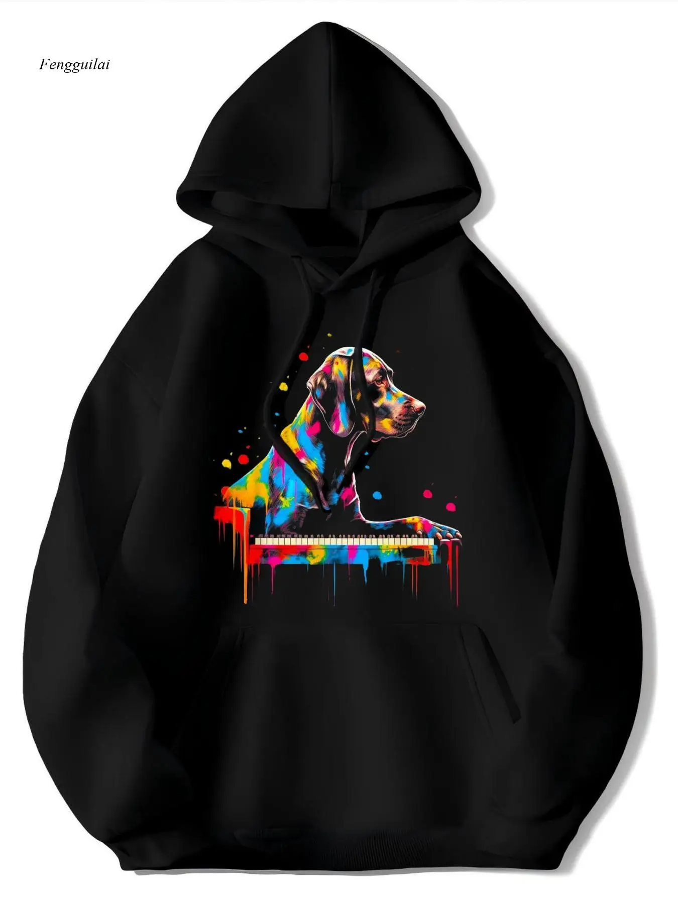 Felpa con cappuccio nera Labrador Retriever che suona il pianoforte - Felpa pullover morbida con stampa di cani Splash colorati e note musicali