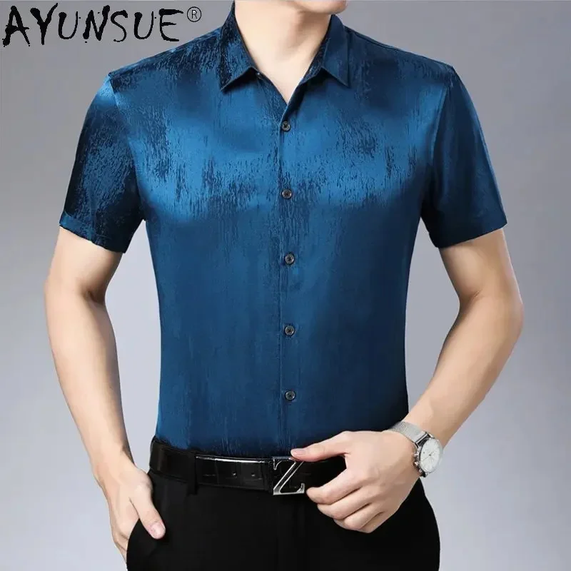 Male 93% Mulberry Real Silk Shirts Men's Clothing Short Sleeve Satin for Men Fashion Printed Tops Chemises