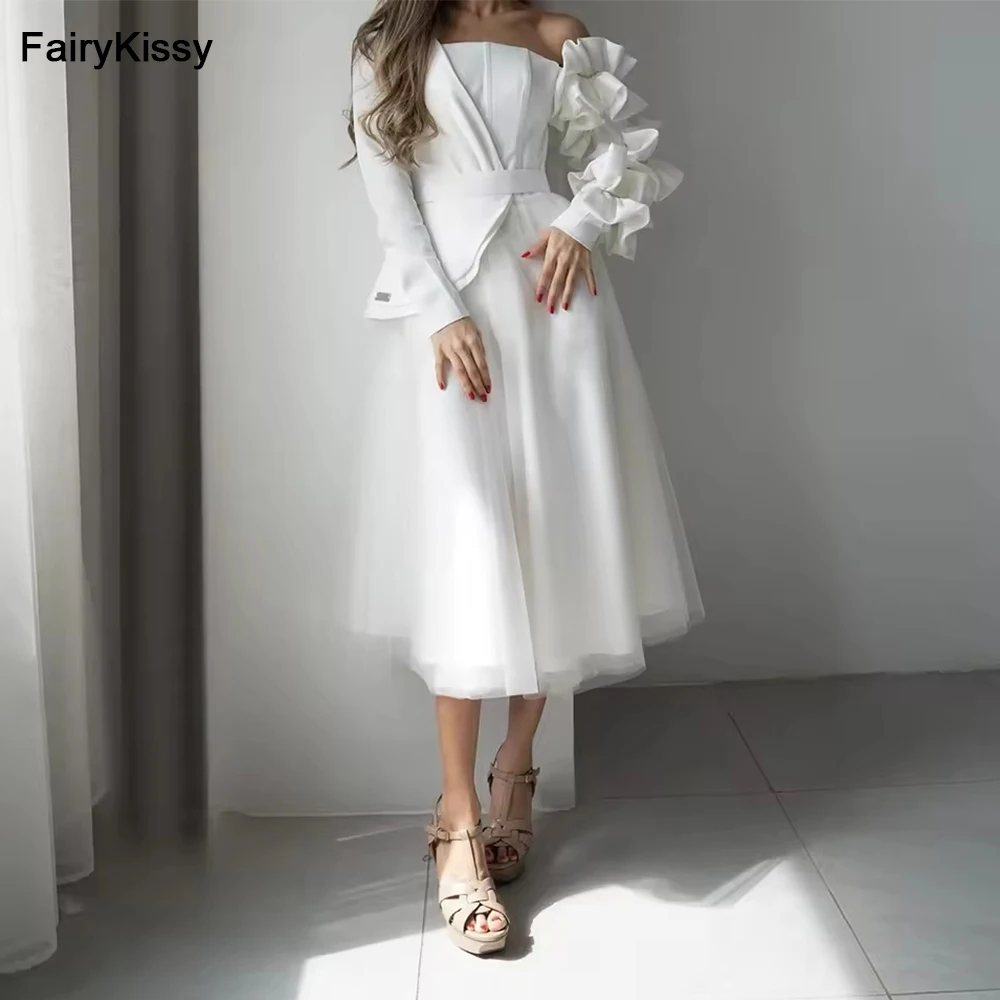 

FairyKissy White One Shoulder Long Sleeves Tulle Straight Tea Length Open Back Prom Gowns Elegant Dresses For Formal Occasions