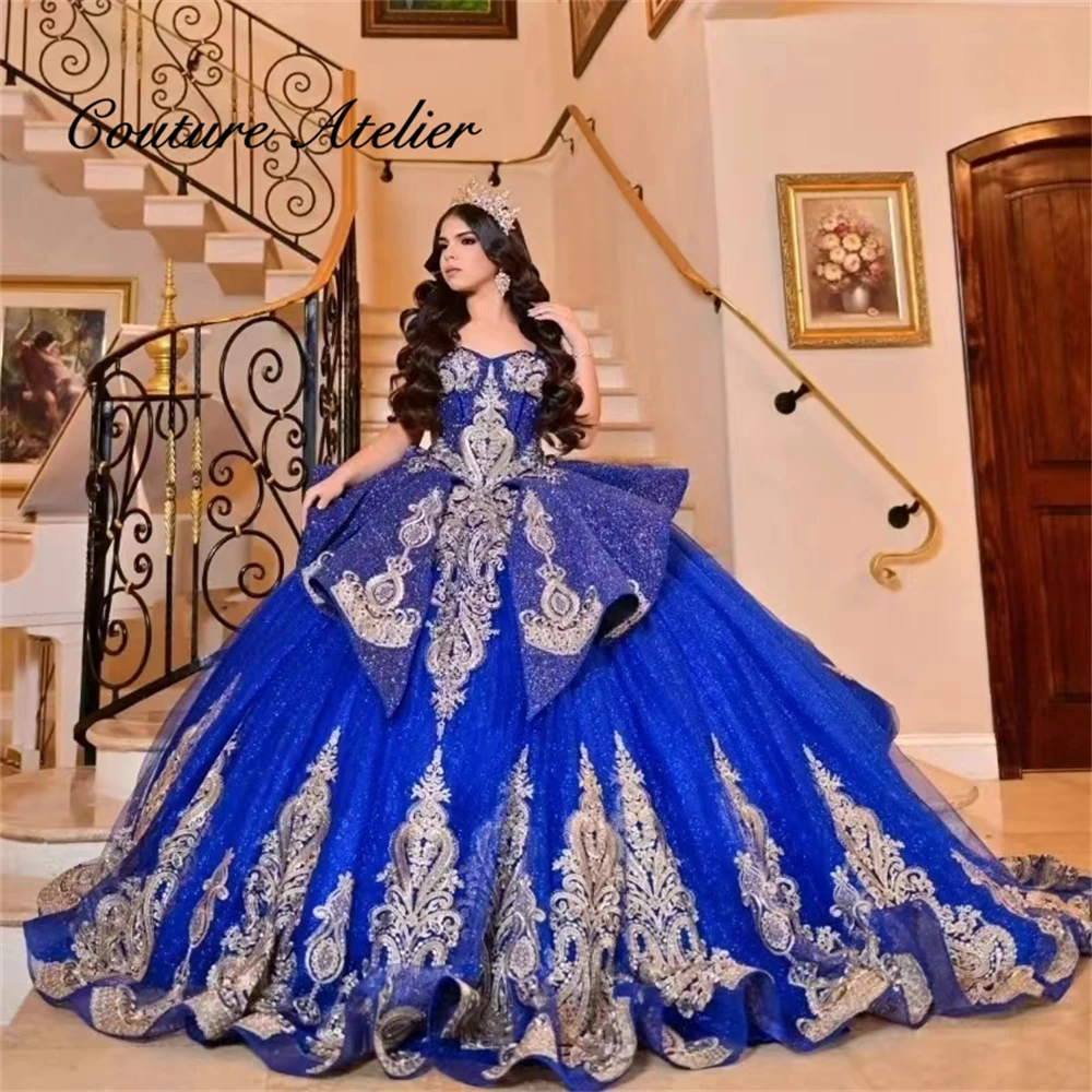 Luxury Royal Blue Ruffels Gold Appliques Quinceanera Dresses Mexican Bead Ball Gown Birthday Party Dress Lace Up Graduation Gown