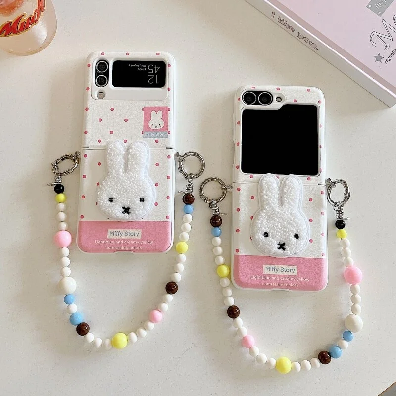 Cute Cartoon fluffy Miffy Pink Polka Dots phone Case For Samsung Z Flip 7 6 5 4 3 Lovely Furry Miffy leather shockproof Cover