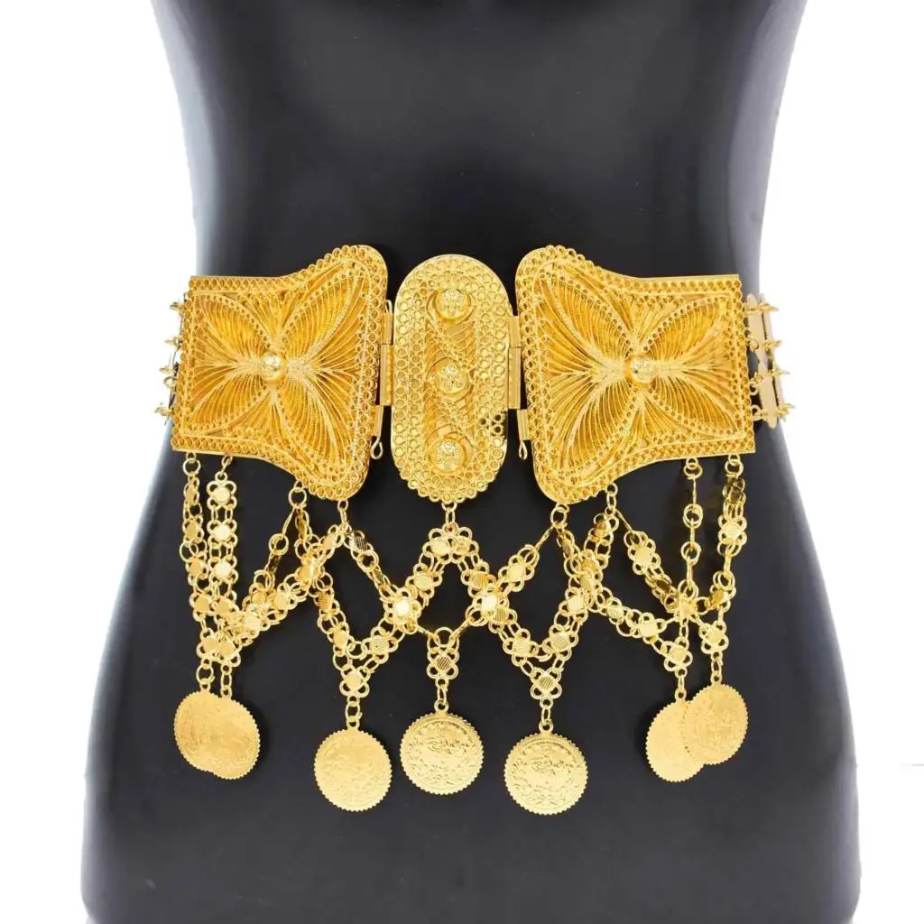 Golden Coins Metal Belts India Belly Dance Moroccan Waist Chain Afghan Turkish Kurdistan National Dress Body Jewelry for Women