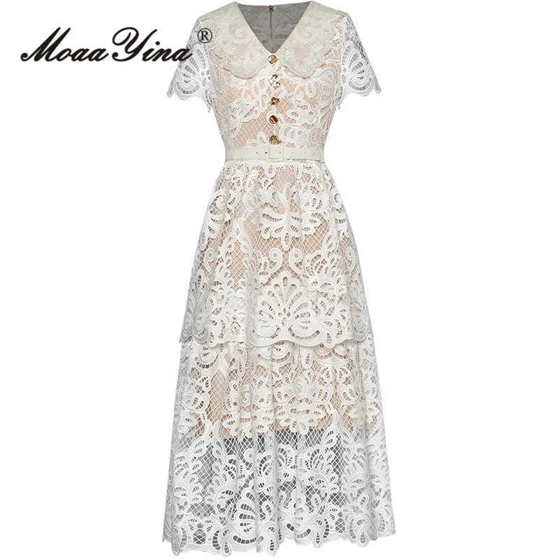 

MoaaYina Summer Women’s Dress Peter Pan Collar Short-Sleeved High-End Lace Hollow Out Button Lace-Up Elegant Party Dresses