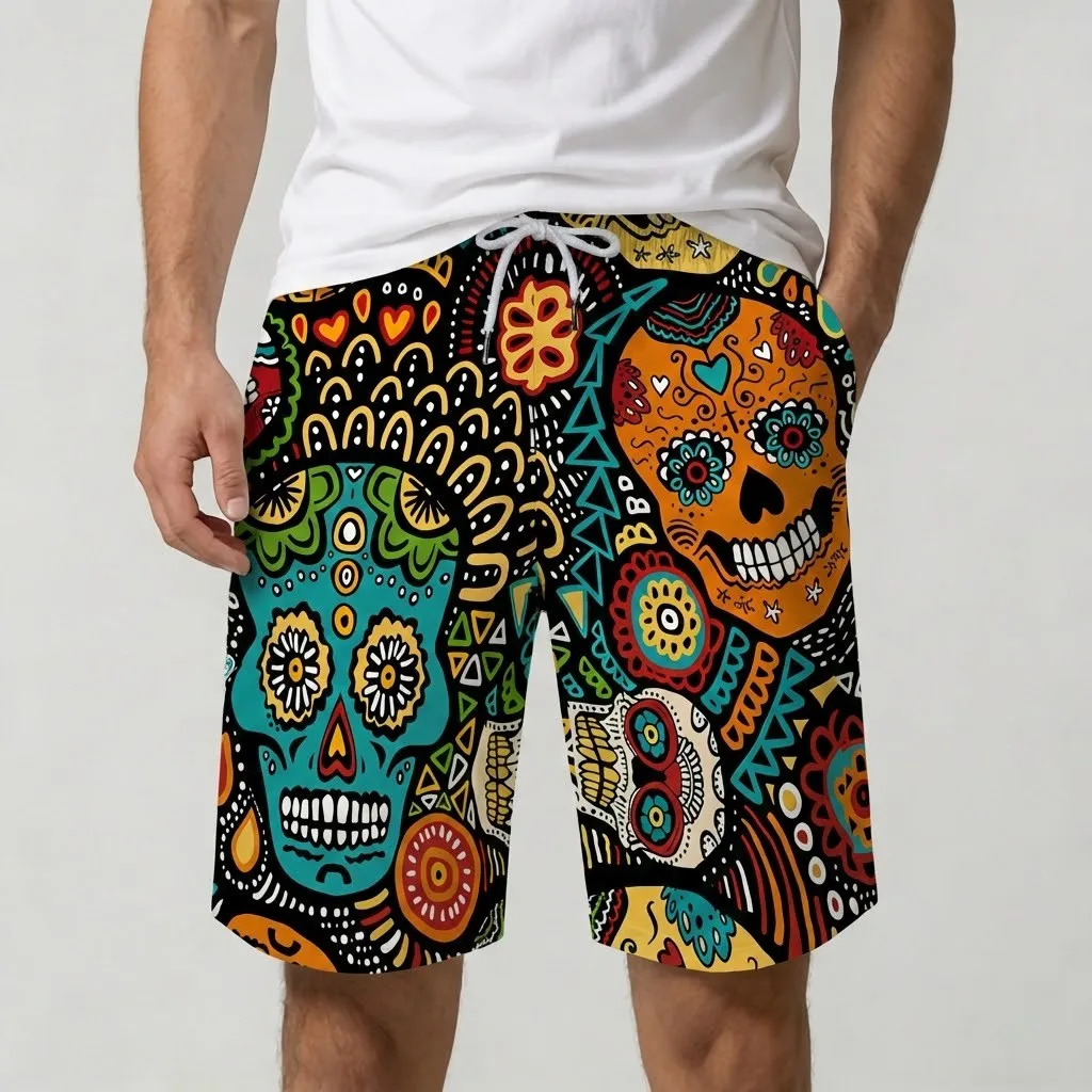 Street Trendy Skull Printed Beach Shorts Summer Seaside Swimming Surfing Quick Dry Pants Men's Loose Casual Drawstring Shorts