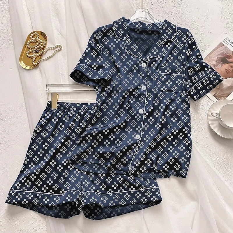 Luxury Faux Silk Women's Pajamas Set American Retro Fashion Trendy Stain Homewear Summer Short Sleeve+shorts 2pcs Set Korean Ins