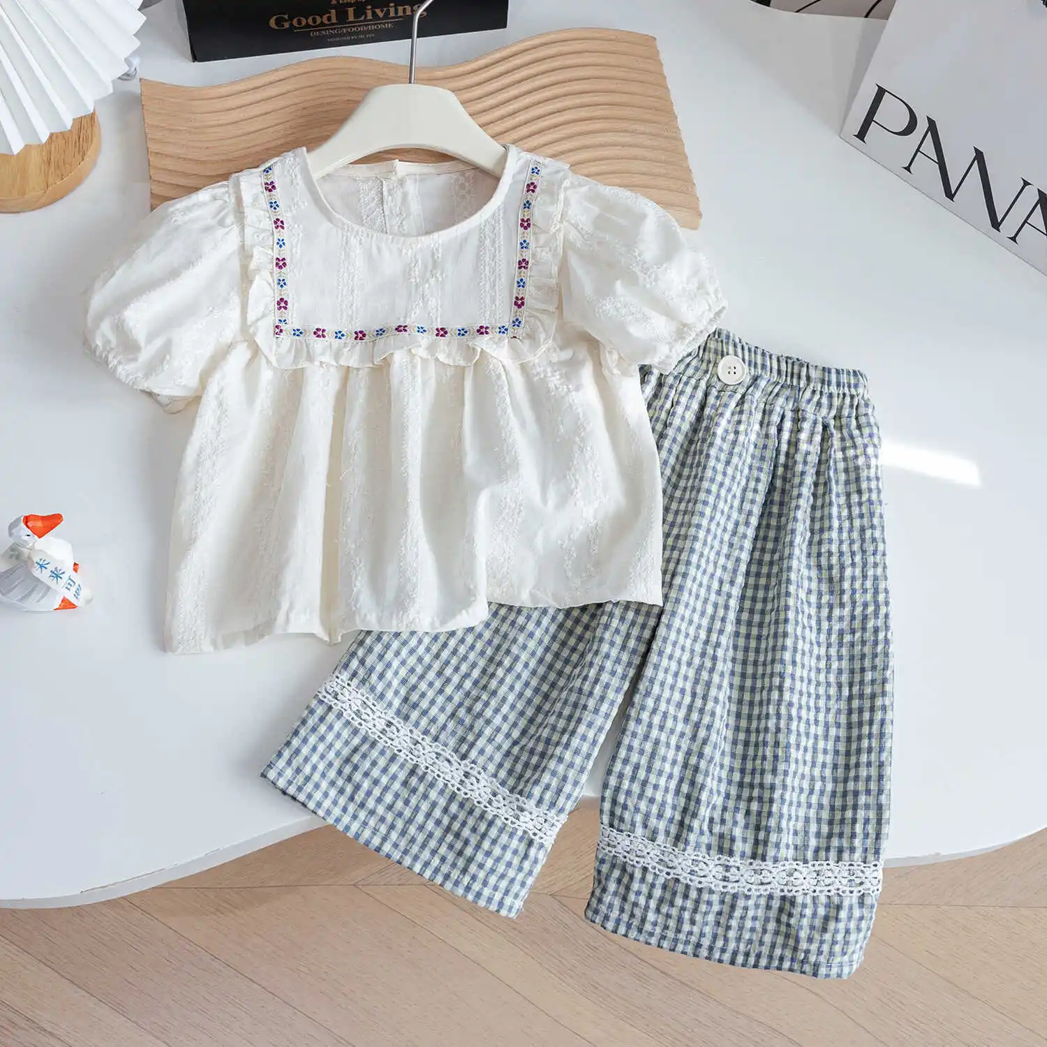

Girls' Set 2025 Summer Outfit New Children's Korean Version Sen Embroidery Doll Shirt+Checkered Straight Wide Leg Pants