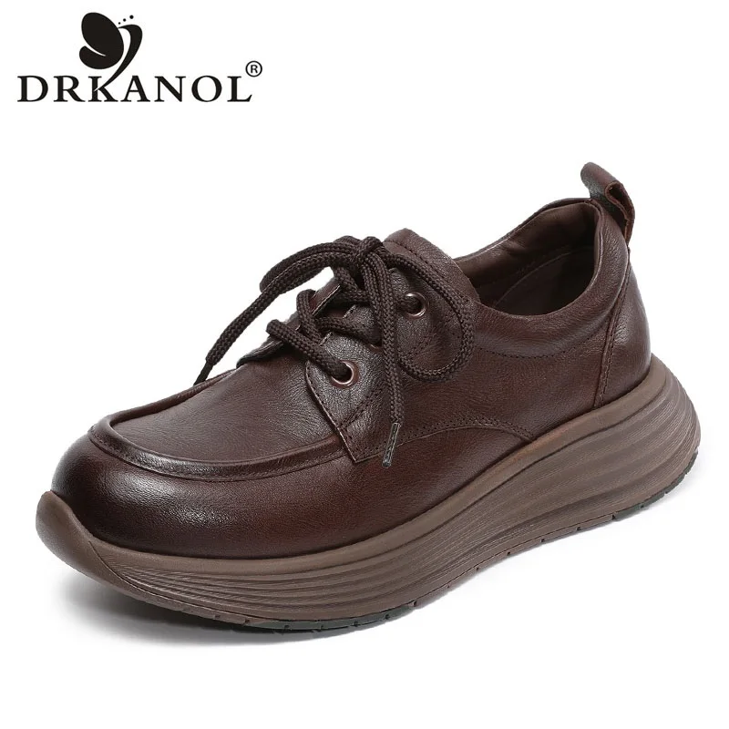 

DRKANOL/2020 модная женская обувь на плоской платформе, весенне-осенняя удобная повседневная обувь из коровьей кожи в стиле ретро на шнуровке