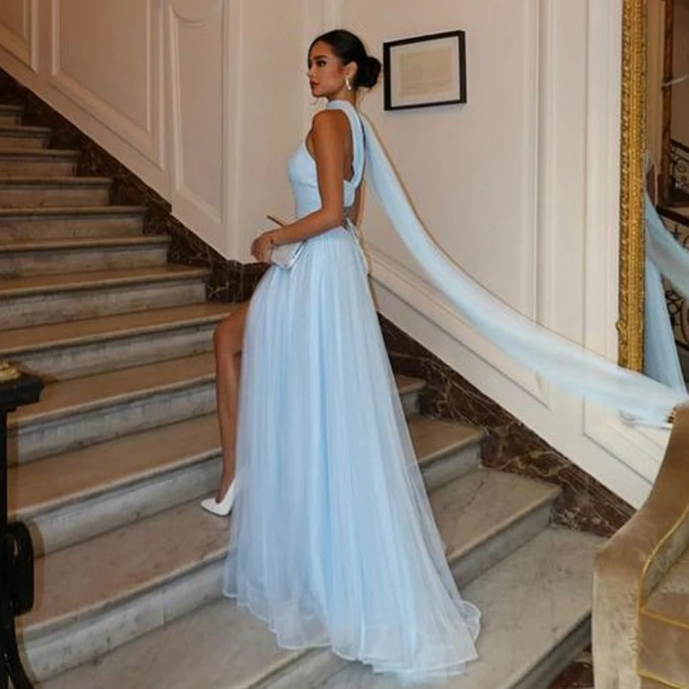 Baby Blue Prom Dresses  With Spaghett Straps High Slit Party Dress Spring Summer Women Birthday Gowns For Photos