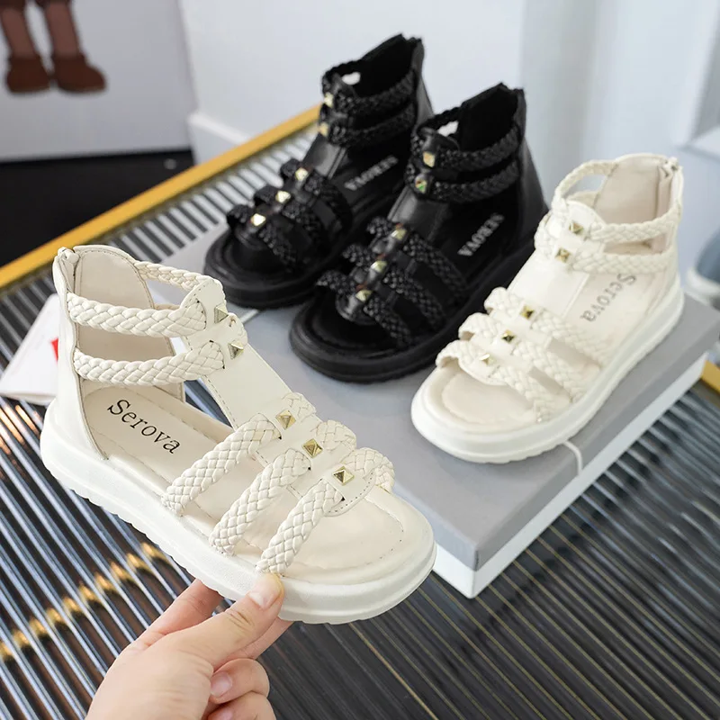 Girl Sandals Summer Children School Roman Sandals Fashion Open-toe Kids Princess Causal High-top Beach Shoes Solid Color Soft