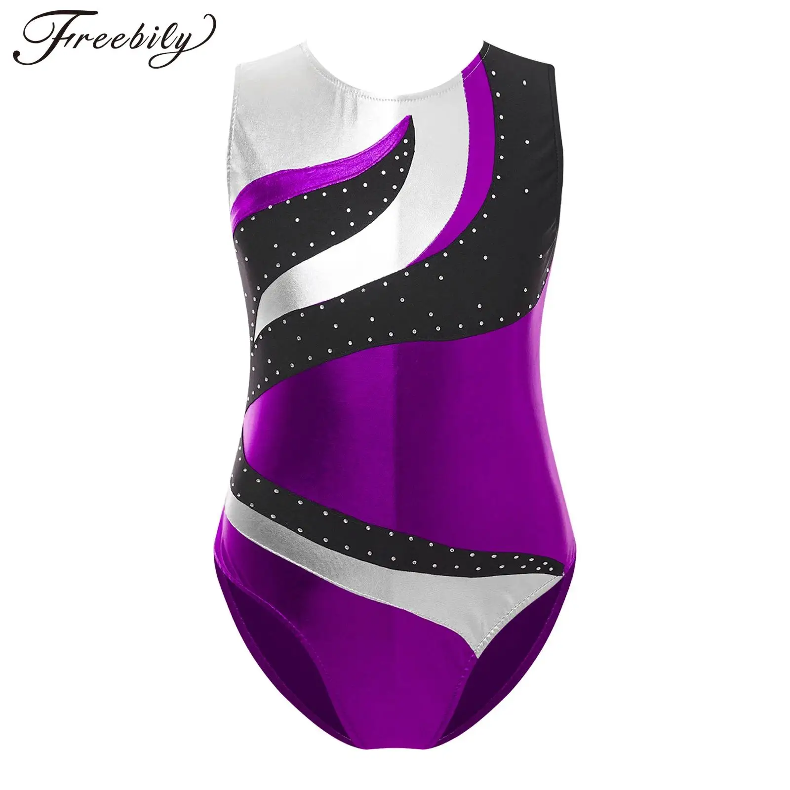 Kids Sleeveless Patchwork Ballet Dance Leotard Shiny Gymnastics Jumpsuit for Girls Figure Skating Bodysuit Performance Costume