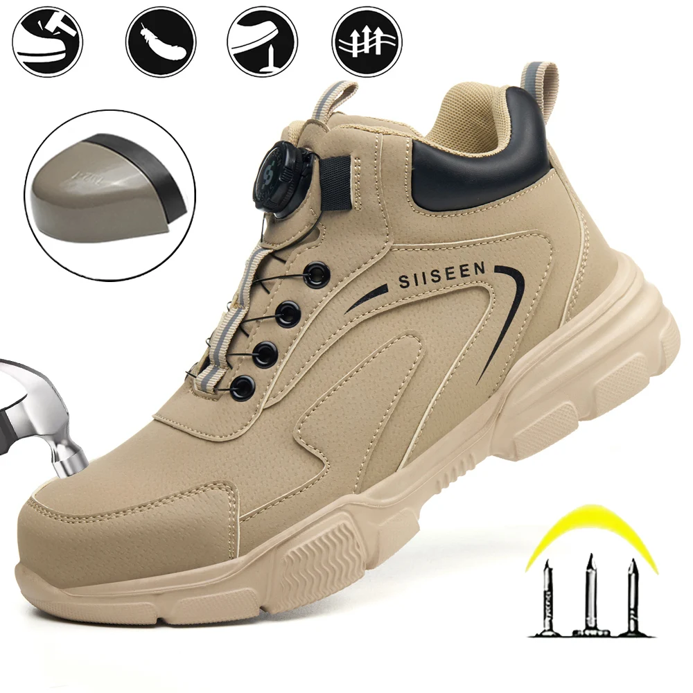男性用安全靴、耐衝撃鋼製つま先、耐穿刺ケブラー、ボタン留めミッドトップメンズワークブーツ、産業用安全ブーツ