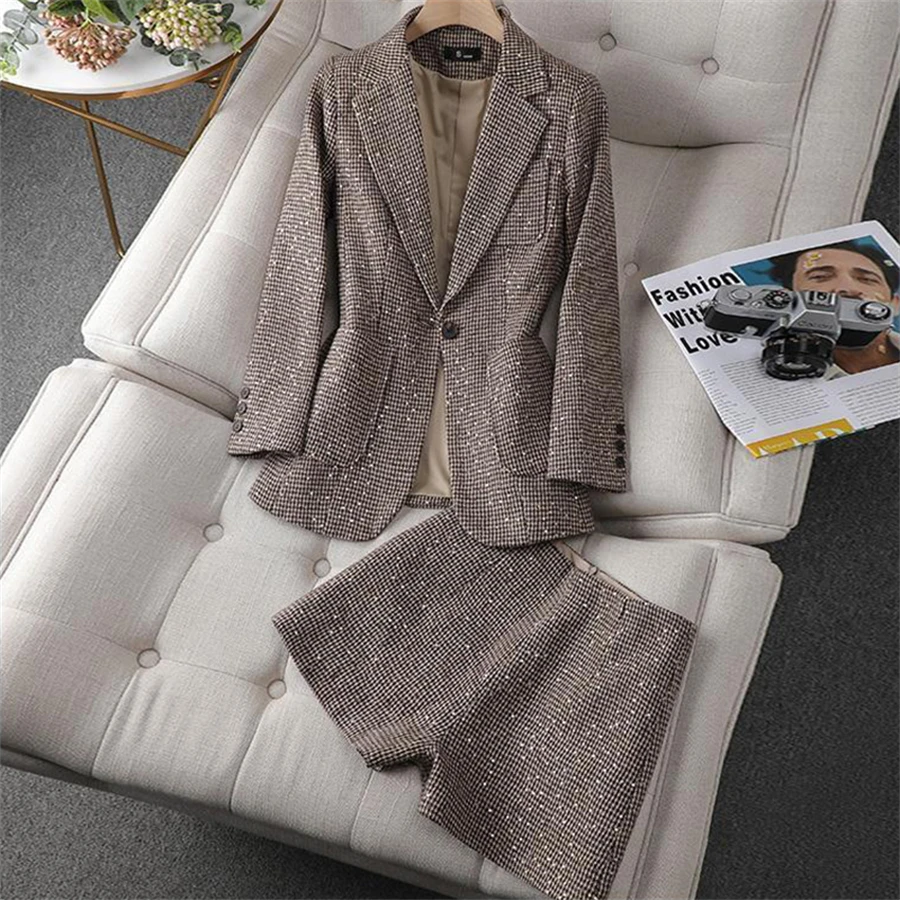 Korean Plaid Houndstooth Blazer Tracksuits Full Sleeve Coats Baggy Short Pants Casual Outfits Oversize Office 2 Pieces Sets New