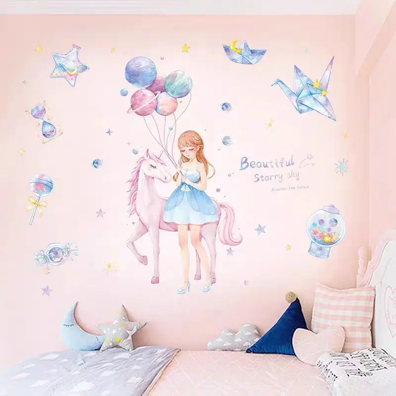 2 pieces of super large pink elf unicorn girl wall stickers for room decoration DIY girl bedroom home decoration stickers