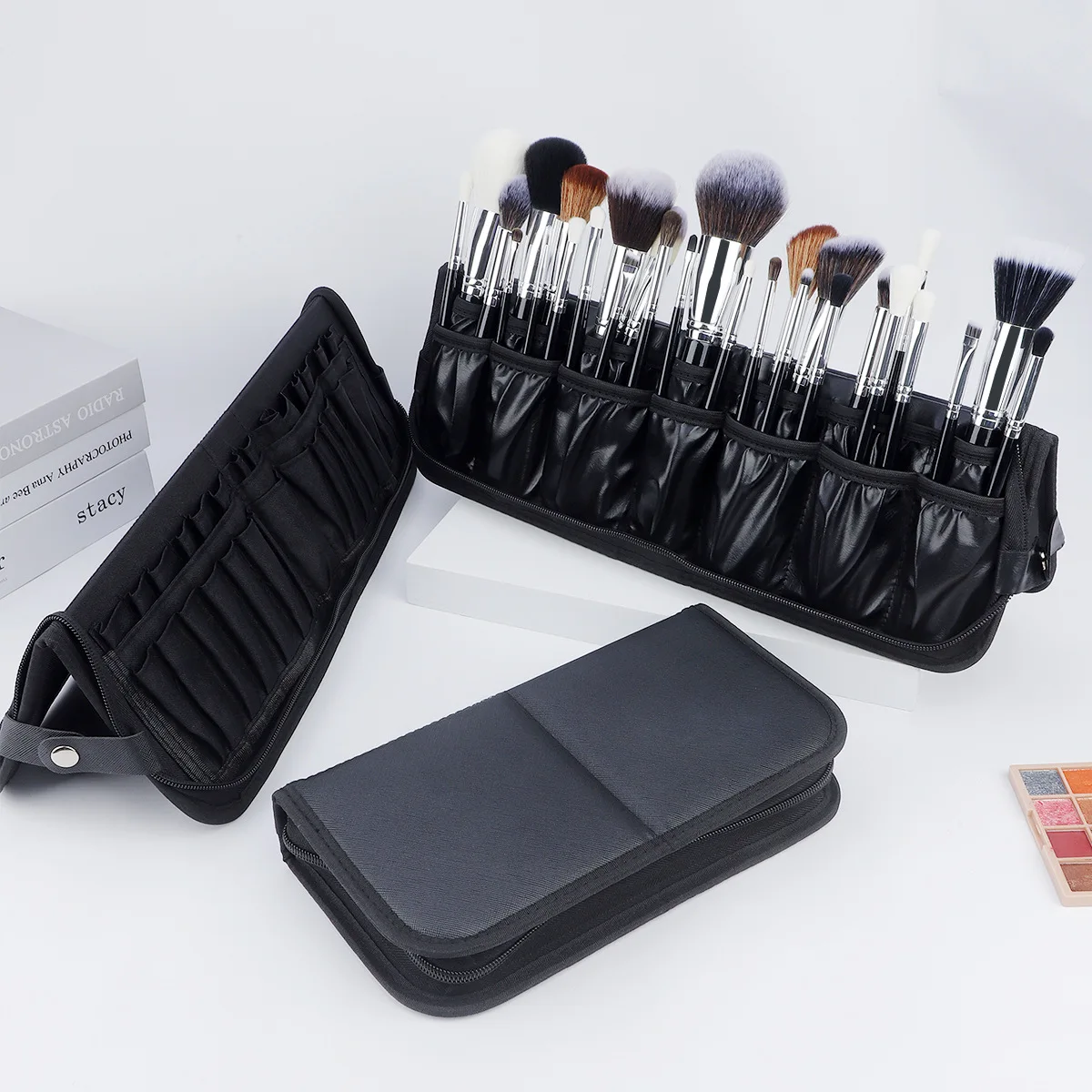 

High Quality 14/23/29 Holes PU Cosmetic Makeup Brushes Pouch Portable Black Waterproof Oxford Beauty Brush Bag Organizer
