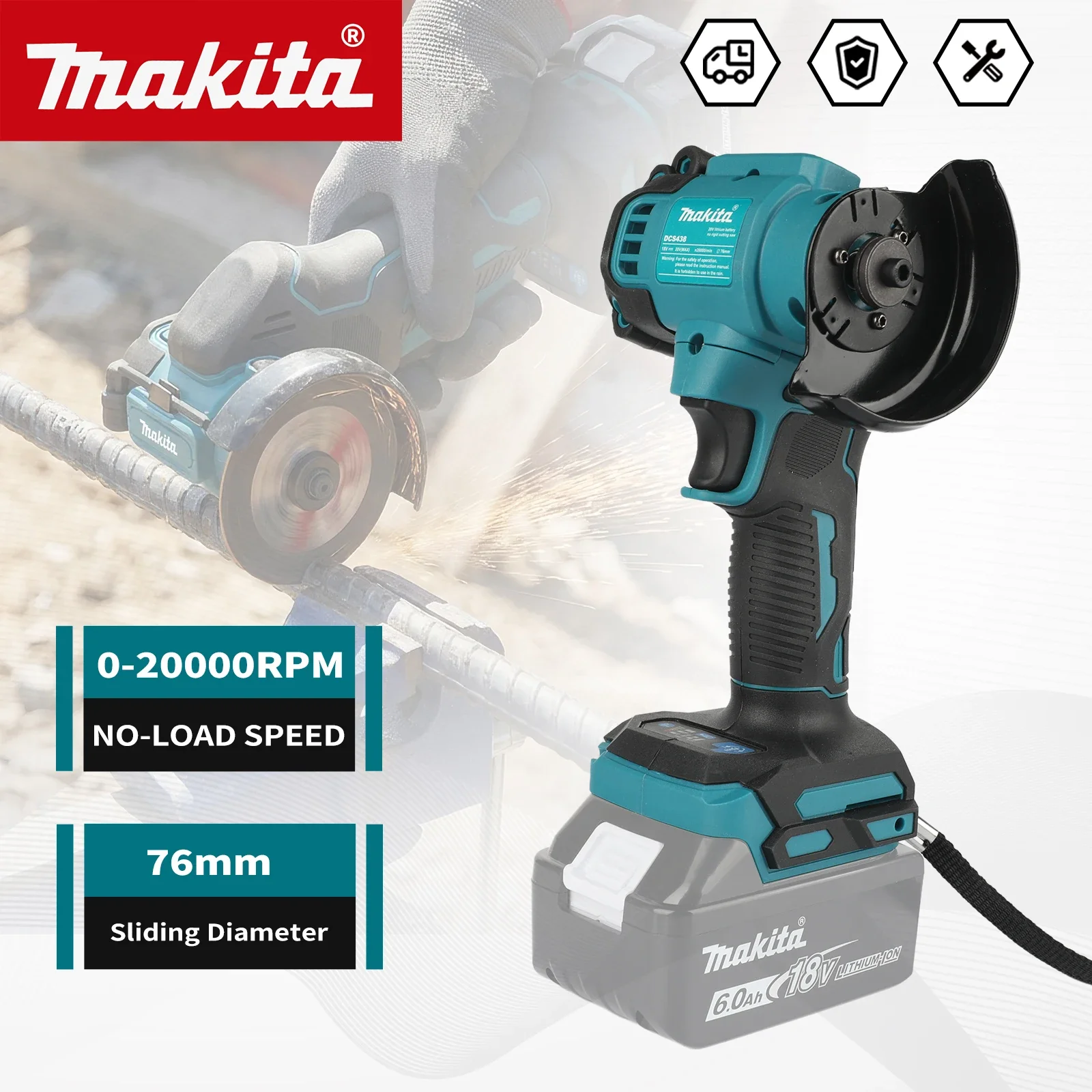 Makita DCS438 76mm Brushless Mini Angle Grinder 3 Gears Speed 0-20000RPM 18V Rechargeable Metal Cutting Power Tools