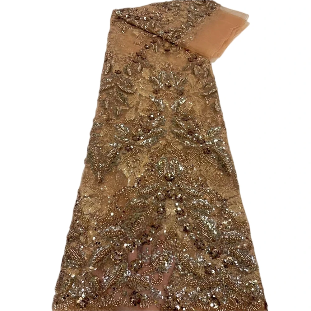 

Nigerian African French Guipure Tulle Lace Fabric Sequins Beaded Embroidery for Luxury Wedding Party &Evening Dresses 5Yards