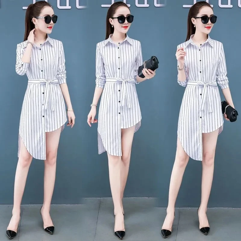 2023 Spring New Long Shirt Female Students Korean Version Of Loose Boyfriend Wind Black Sexy Bottoming Shirt White Shirt Dress