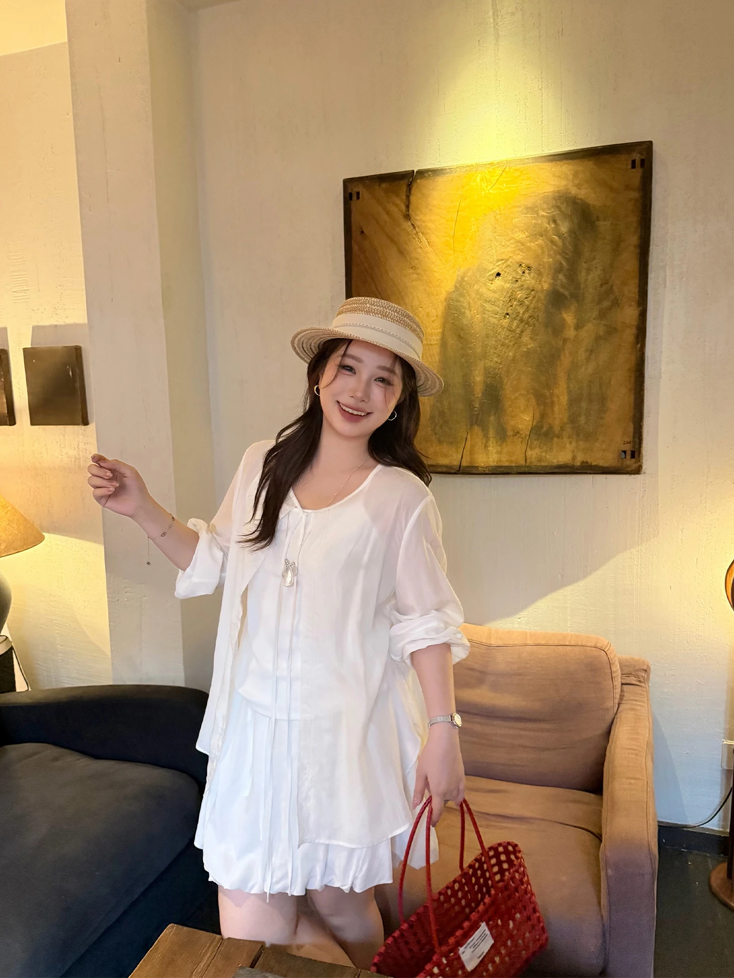 

Комплект женской одежды больших размеров: короткая юбка и кардиган в корейском стиле, свободный крой, летний повседневный, с длинным рукавом, круглый вырез горловины