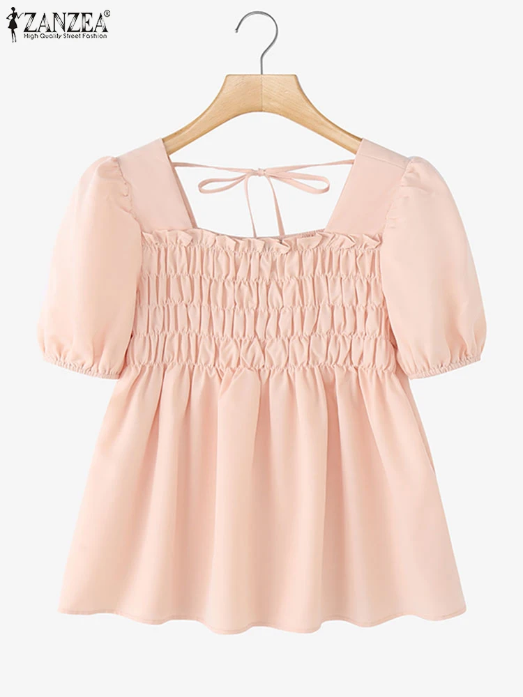 

ZANZEA 2025 Women Pleated Blouse Fashion Short Puff Sleeve Tops Square Collar Casual Solid Color Tunic Bohemian Beach Blusas