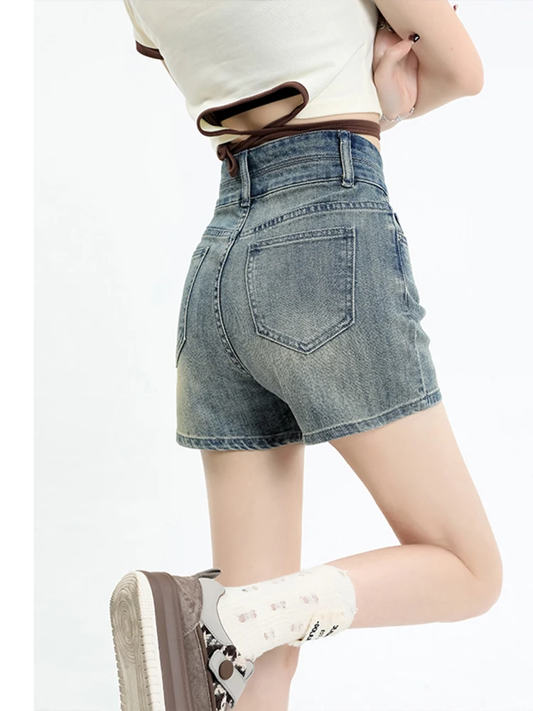 

Джинсы с высокой талией и прямым кроем, женские летние шорты больших размеров, утягивающие, А-силуэт, широкие штанины, модные, из хлопкового стрейч-денима