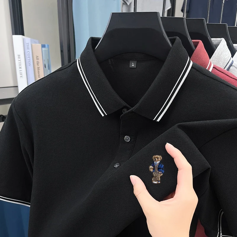 Camiseta polo de manga corta para hombre, 100% algodón puro, de alta gama, con bordado de oso de peluche, estilo casual y cómodo para verano.