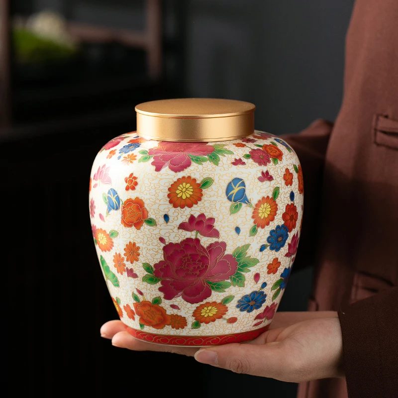 Painted Flowers Ceramic Jar Alloy Lid Sealed Moistureproof Tea Can Interior Decoration Porcelain Home