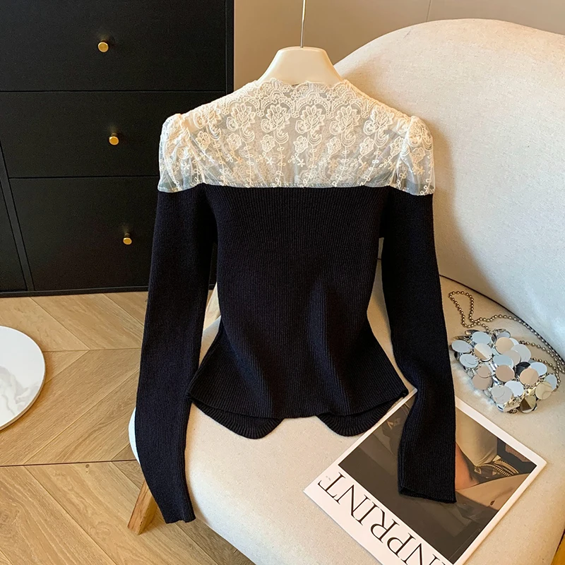 韓国レースパッチワークニットセーター女性エレガントな薄手のセクシーなスリムカーディガン V ネック長袖春秋プレッピースタイルトップ