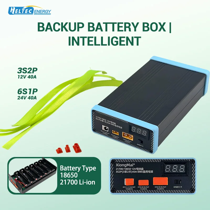 

12V 24V 40A BMS Backup Battery Box 3S2P 6S1P for 18650 21700 Battery Cell DC5.5 XT30 XT60 Output Portable Emergency Power Supply